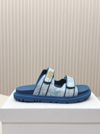 DIOR CLASSIC DOUBLE-STRAP SLIDES 25S IN OCEAN BLUE FABRIC AND CALFSKIN
