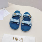 DIOR CLASSIC DOUBLE-STRAP SLIDES 25S IN OCEAN BLUE FABRIC AND CALFSKIN