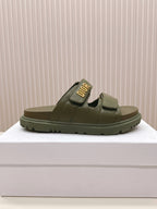 DIOR CLASSIC DOUBLE-STRAP SLIDES 25S IN MOSS GREEN CALFSKIN