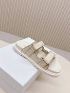 DIOR CLASSIC DOUBLE-STRAP SLIDES 25S IN WHITE MIX BEIGE FABRIC AND CALFSKIN