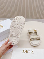DIOR CLASSIC DOUBLE-STRAP SLIDES 25S IN WHITE MIX BEIGE FABRIC AND CALFSKIN