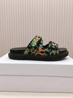DIOR CLASSIC DOUBLE-STRAP SLIDES 25S IN MULTICOLOR FABRIC AND CALFSKIN