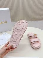 DIOR CLASSIC DOUBLE-STRAP SLIDES 25S IN PASTEL PINK CALFSKIN WITH GOLD HARDWARE