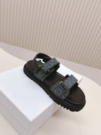 DIOR BACK-STRAP SANDALS 25S IN SLATE BLUE GRAY FABRIC AND BLACK CALFSKIN WITH GOLD HARDWARE