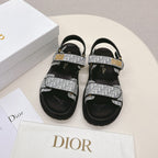 DIOR BACK-STRAP SANDALS 25S IN GREY FABRIC AND BLACK CALFSKIN WITH GOLD HARDWARE
