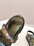 DIOR BACK-STRAP SANDALS 25S IN MOSS GREEN CALFSKIN EMBROIDERED WITH PETITES FLEURS