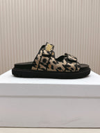 DIOR CLASSIC DOUBLE-STRAP SLIDES 25S IN BROWN MIX BLACK FABRIC AND CALFSKIN WITH LEOPARD PRINT