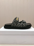 DIOR CLASSIC DOUBLE-STRAP SLIDES 25S IN BLACK FABRIC AND CALFSKIN