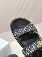 DIOR CLASSIC DOUBLE-STRAP SLIDES 25S IN BLACK FABRIC AND CALFSKIN