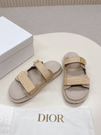 DIOR CLASSIC DOUBLE-STRAP SLIDES 25S IN BEIGE RAFFIA AND TAUPE BEIGE CALFSKIN