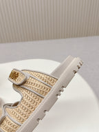 DIOR CLASSIC DOUBLE-STRAP SLIDES 25S IN BEIGE RAFFIA AND TAUPE BEIGE CALFSKIN