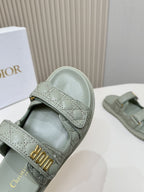 DIOR CLASSIC DOUBLE-STRAP SLIDES 25S IN PALE TEAL GRAY CALFSKIN
