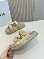 DIOR CLASSIC DOUBLE-STRAP SLIDES 25S IN BEIGE RAFFIA AND GREY CALFSKIN
