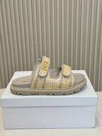 DIOR CLASSIC DOUBLE-STRAP SLIDES 25S IN BEIGE RAFFIA AND GREY CALFSKIN