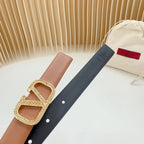 Vlogo Buckle Water Wave Gold Copper Glossy Brown Black Leather 20mm Belt