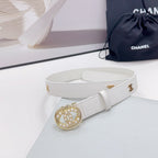 CC 30MM BELT IN WHITE CALFSKIN GOLD HARDWARE ATTACH PEARLS