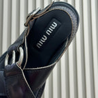 Sandals Black Retro Sheepskin With Cross - Straps