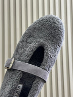 ALAIA 25S COZY MARY JANE SHEARLING FLATS IN DARK GRAY