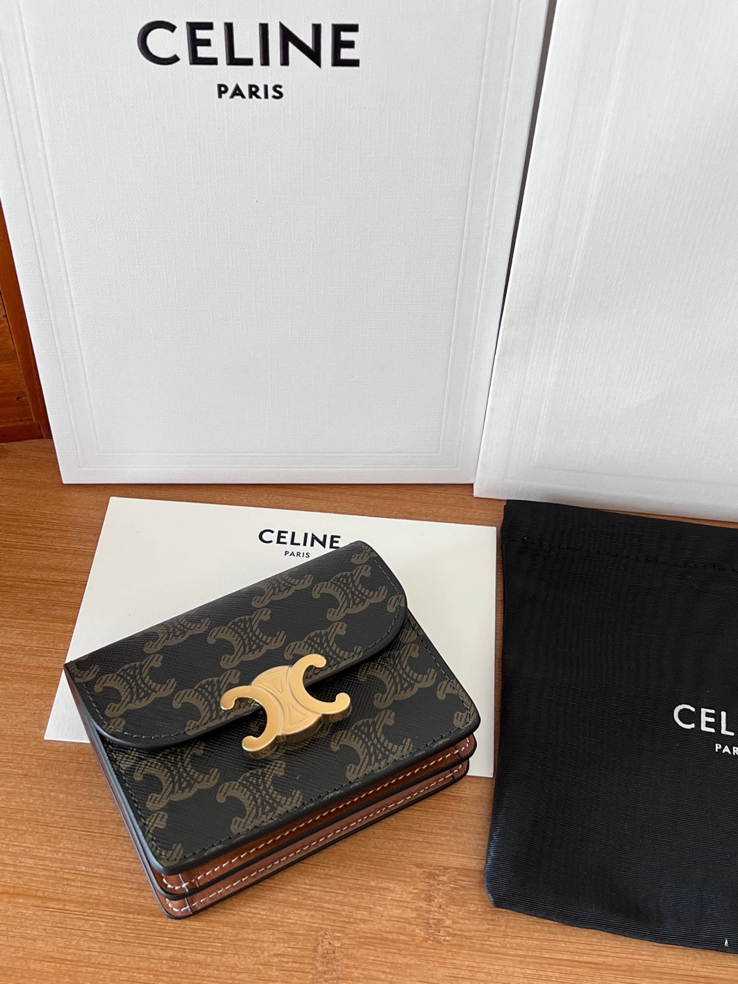 TRIOMPHE Business Card Holder Tan Cowhide GHW