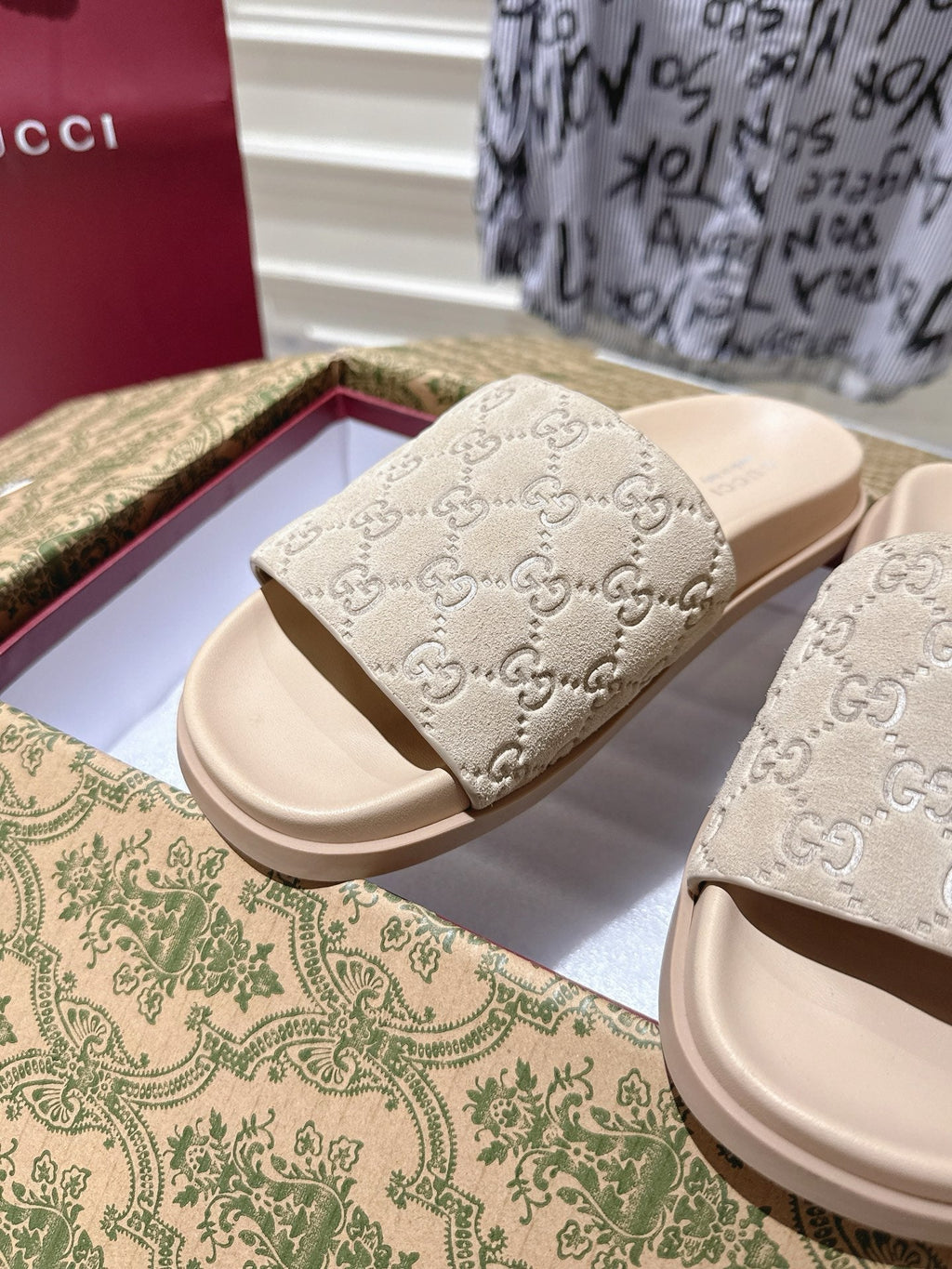 GG SLIDES IN NUDE BEIGE SUEDE WITH EMBOSSED LOGO STYLE 2