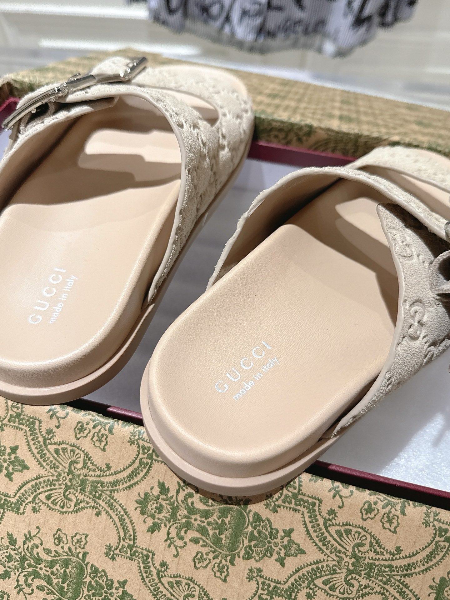 SANDALS IN NUDE BEIGE SUEDE EMBOSSED LOGO SILVER HARDWARE