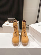 CELINE 25S HIGH HEELED LACE UP BOOTS 50MM IN DARK ORANGE SUEDE