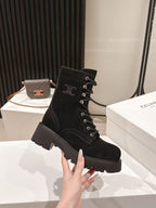 CELINE 25S HIGH HEELED LACE UP BOOTS 50MM IN BLACK SUEDE