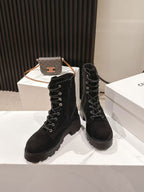 CELINE 25S HIGH HEELED LACE UP BOOTS 50MM IN BLACK SUEDE