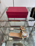 VLTN HIGH HEEL 25S 30 MM IN BEIGE FABRIC AND SILVER LAMBSKIN WITH EMBROIDERED CHERRY MOTIF