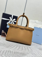 PRADA 25S BUCKLE MEDIUM HANDBAG 28 IN CARAMEL CALFSKIN GOLD HARDWARE