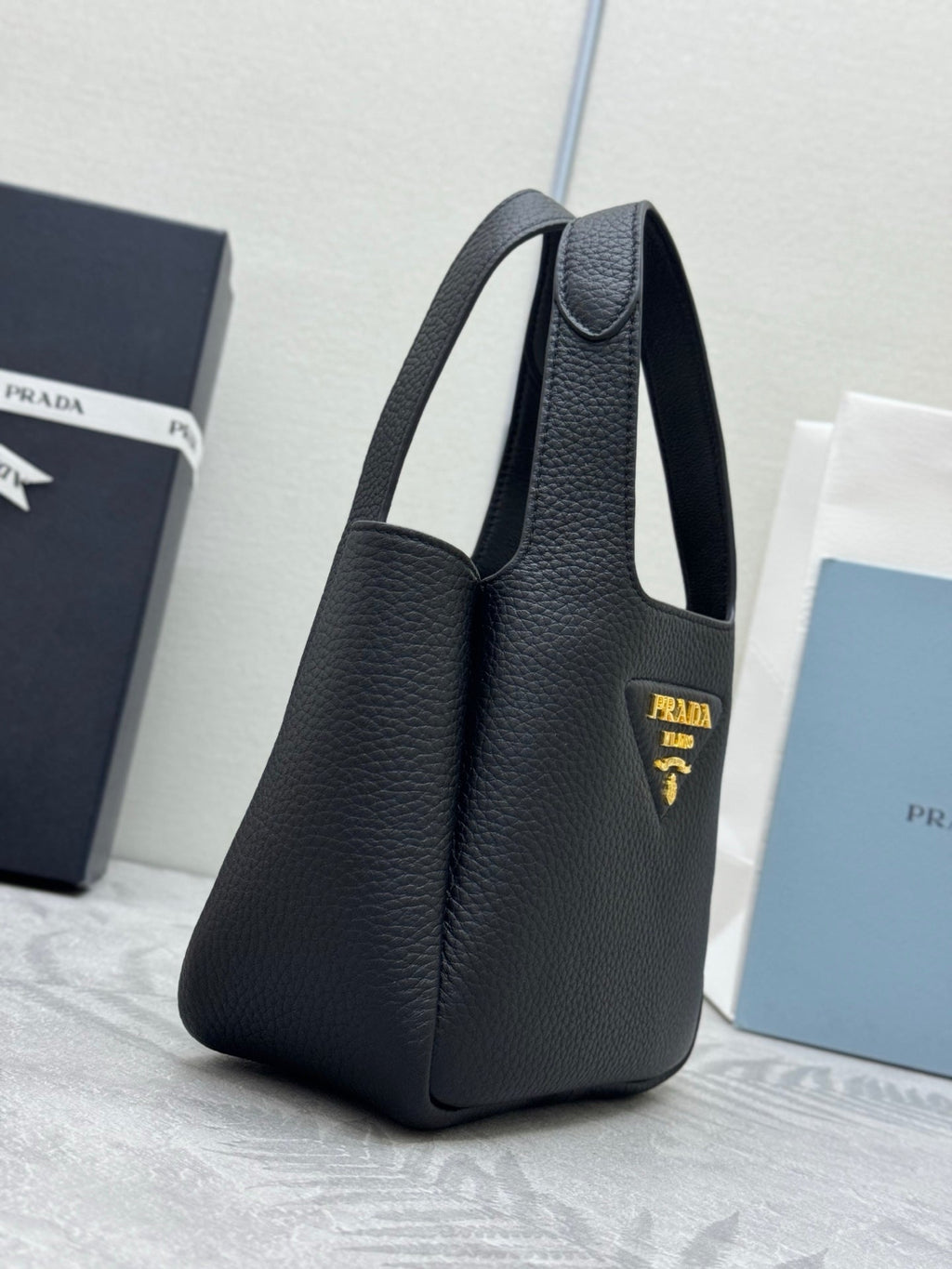 PRADA 25S TOTE MINI BAG 18 IN BLACK CALFSKIN GOLD HARDWARE