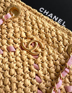 CC Logo Shopper Bag With Chain 23cm Beige Pink Raffia GHW