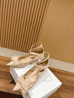 DIOR ADIORABLE HIGH HEEL 25S IN LIGHT BEIGE FABRIC WITH PEARL DETAILING