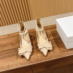 DIOR ADIORABLE HIGH HEEL 25S IN LIGHT BEIGE FABRIC WITH PEARL DETAILING