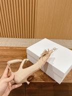 DIOR ADIORABLE HIGH HEEL 25S IN LIGHT BEIGE FABRIC WITH PEARL DETAILING