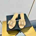 BOWKNOT RHINESTONES MID HEEL MULE IN FLAX YELLOW CALFSKIN