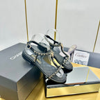 CC SANDAL 25S IN BLACK CALFSKIN WITH GOLD HARDWARE