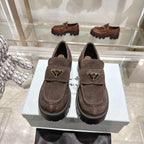 PRADA 25S THICK-SOLE LOAFERS 60 MM IN DARK BROWN SUEDE