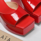 ALAIA PLATFORM WEDGE IN CHERRY RED LAMBSKIN WITH HEART EMBROIDERED
