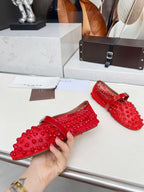ALAIA MARY JANE SHOES IN CHERRY RED STUDDED FISHNET MESH AND CALFSKIN