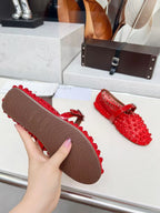 ALAIA MARY JANE SHOES IN CHERRY RED STUDDED FISHNET MESH AND CALFSKIN