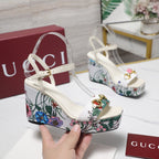 GG WEDGE HEEL SANDALS 100 IN WHITE FABRIC FLORAL PRINT