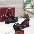 GG WEDGE HEEL SANDALS 100 IN BLACK FABRIC FLORAL PRINT