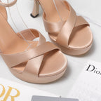 DIOR PEARL-EMBELLISHED HIGH HEEL SANDALS 25S 115 MM IN BEIGE SATIN