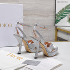 DIOR PEARL-EMBELLISHED HIGH HEEL SANDALS 25S 115 MM IN SILVER SATIN