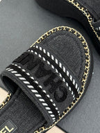 THICK SOLE WEDGE SLIPPERS IN BLACK DENIM FABRIC