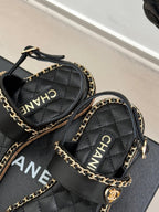 FLAT CHAIN HEART SANDAL IN BLACK LAMBSKIN