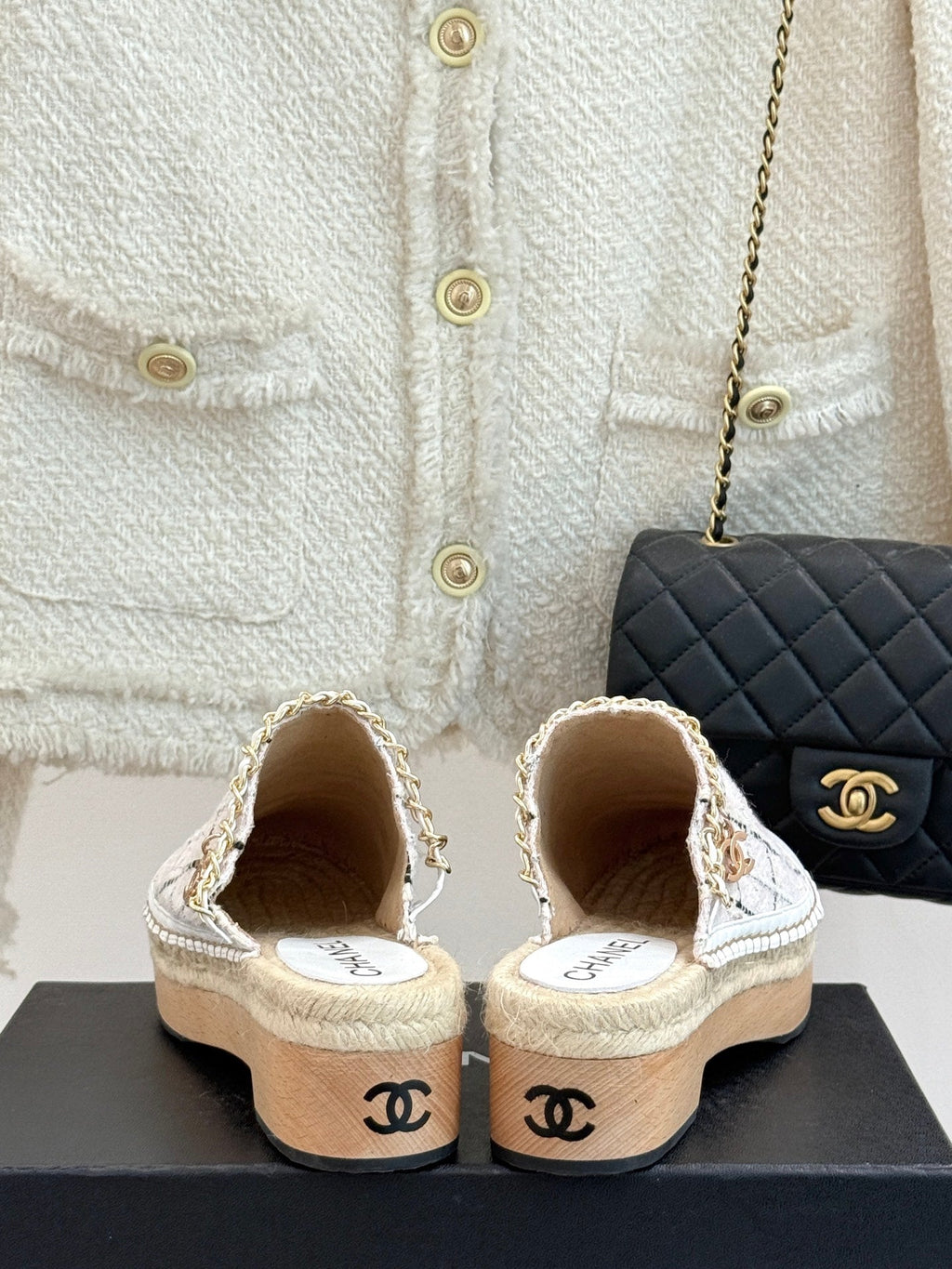 CC MULES 25SS 30 MM IN WHITE LAMBSKIN MIX PASTEL PINK TWEED