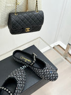 CC FLAT MULES 25SS IN BLACK EMBELLISHED WITH RHINESTONES