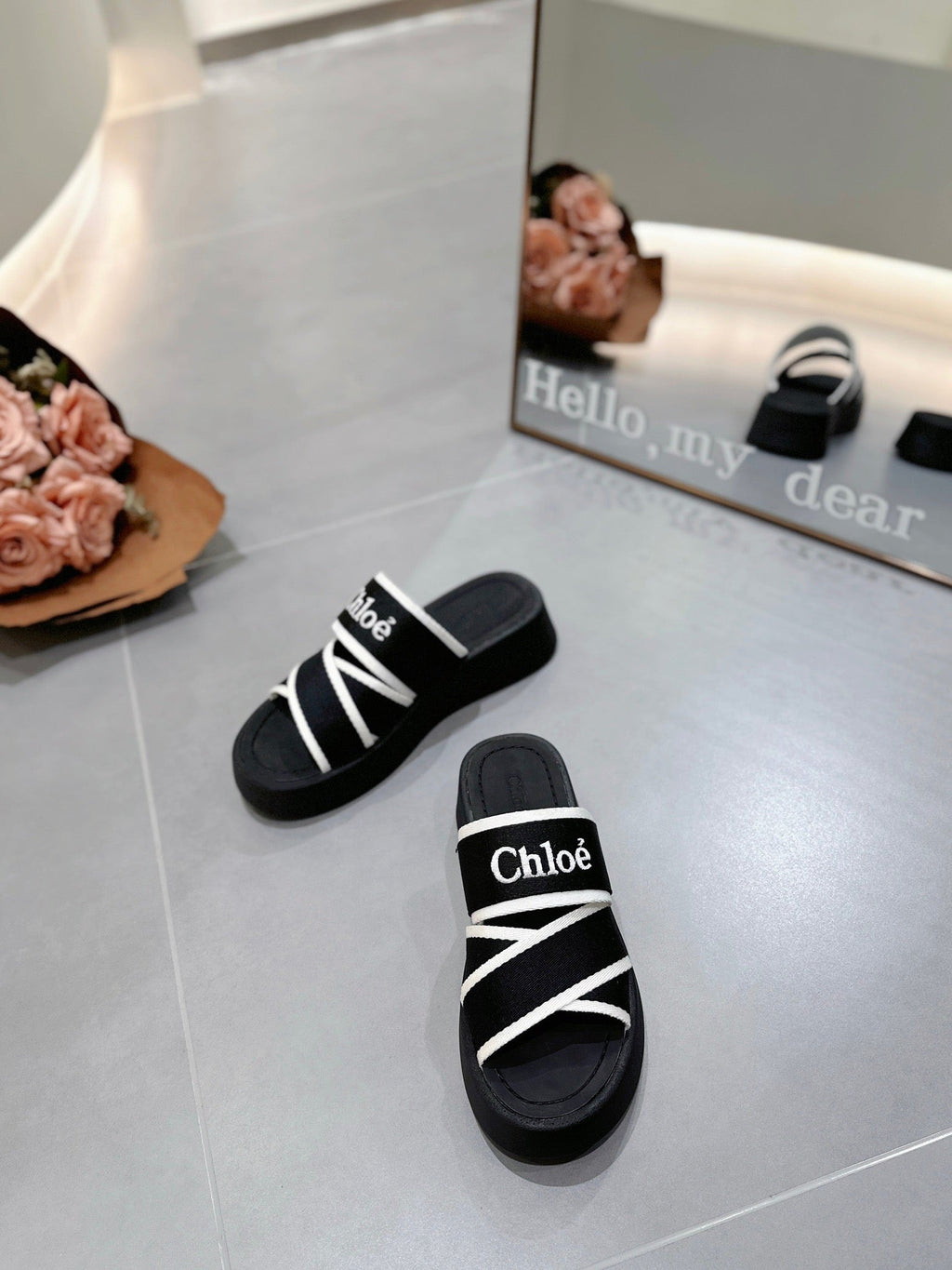 CHLOÉ PLATFORM SANDALS IN BLACK MIX WHITE DENSITY KNIT